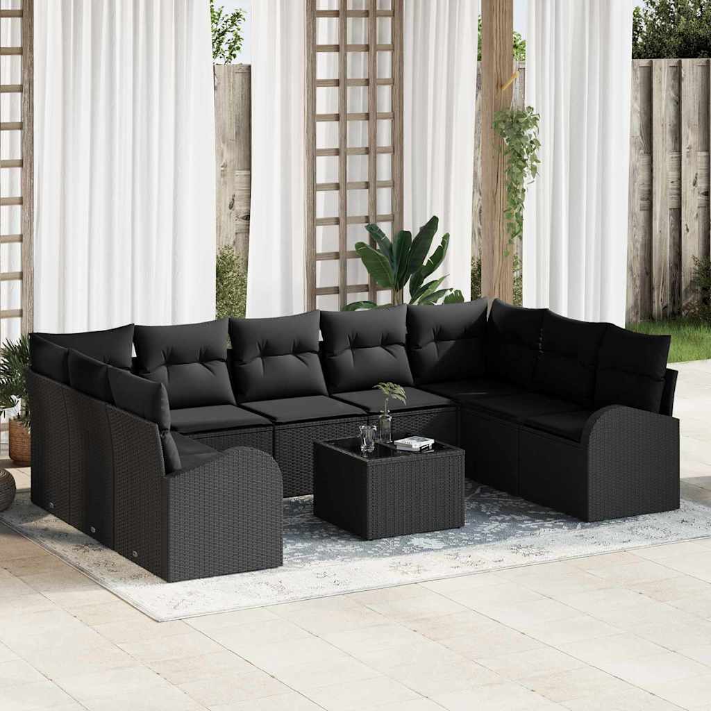 Set Divano da Giardino con cuscino 10 pcs Nero polyrattan