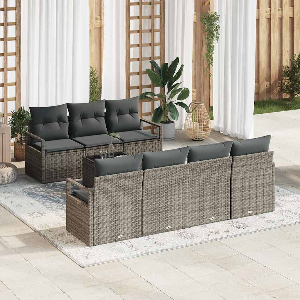 Set Divano da Giardino 8 pcs Grigio Polyrattan, Acciaio e Vetro