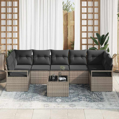 Set Divano da Giardino 8 pcs Grigio Polyrattan, Acciaio e Vetro