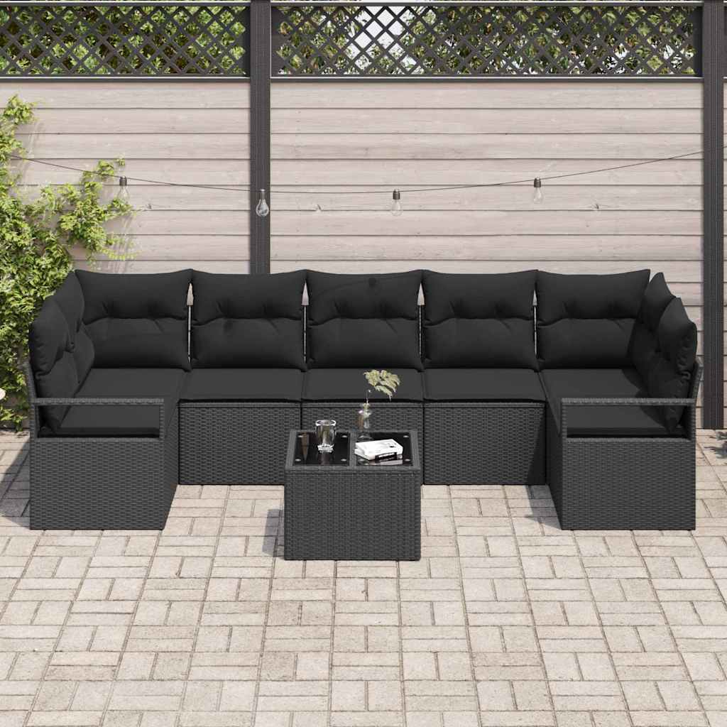 Set Divano da Giardino 8 pcs Nero Polyrattan, Acciaio e Vetro