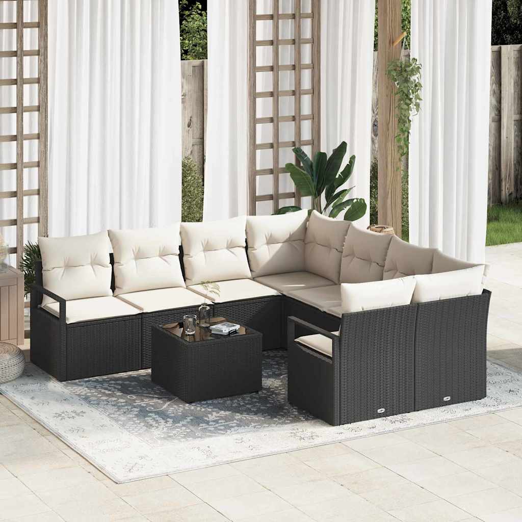 Set di divani con cuscino 9 pcs Nero e Crema polyrattan