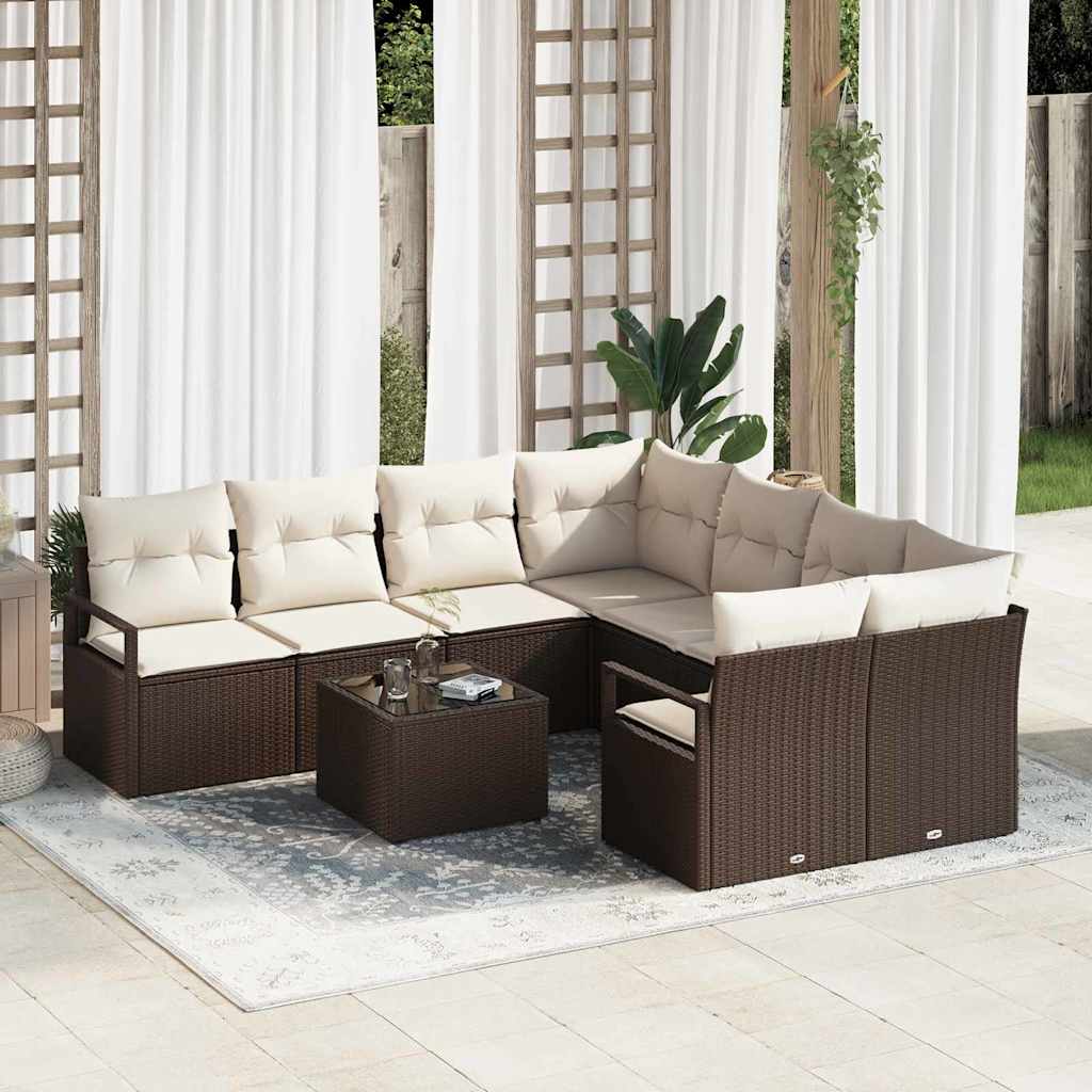 Set di divani con cuscino 9 pcs Marrone e Crema polyrattan
