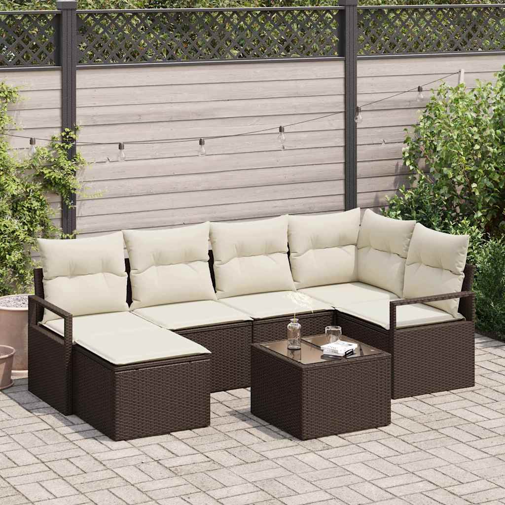 Set di divani con cuscino 7 pcs Marrone e Crema polyrattan