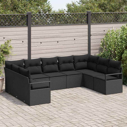 Set Divano da Giardino con cuscino 9 pcs Nero polyrattan