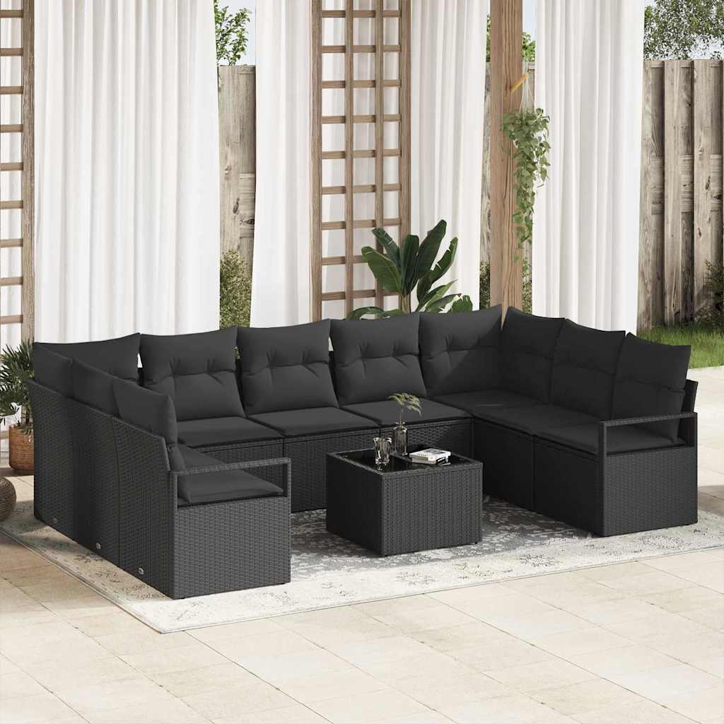 Set Divano da Giardino con cuscino 10 pcs Nero polyrattan