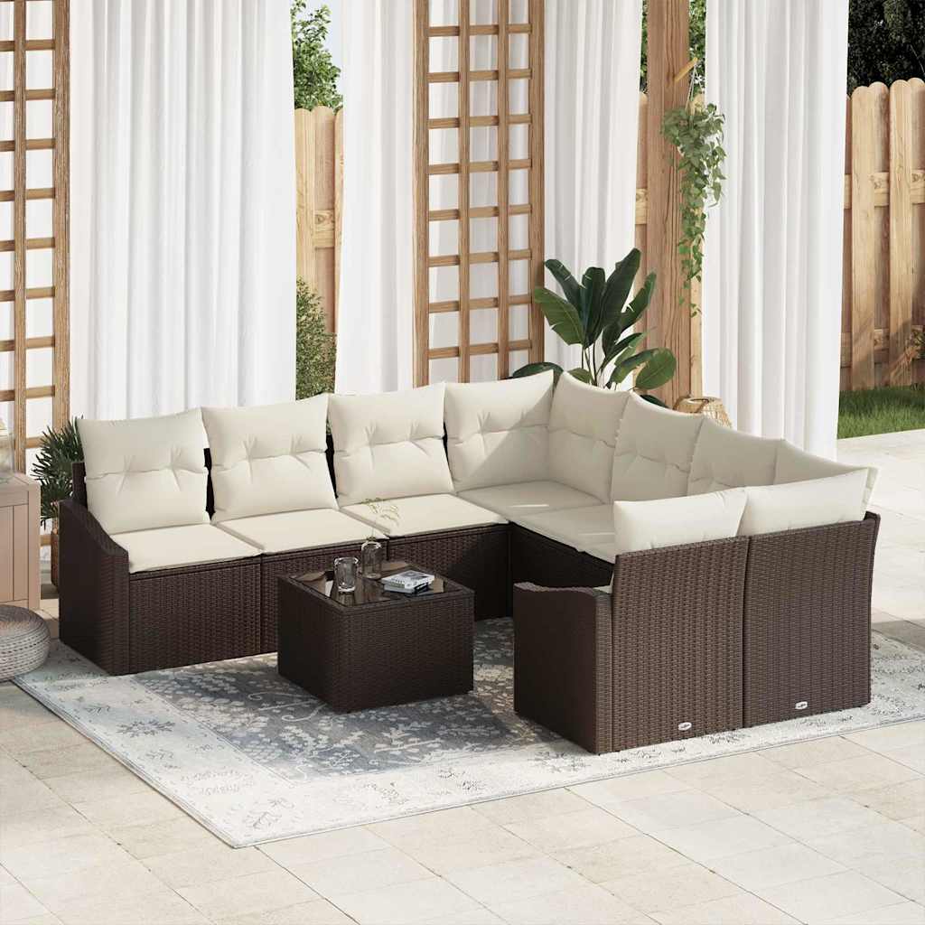 Set di divani con cuscino 9 pcs Marrone e Crema polyrattan
