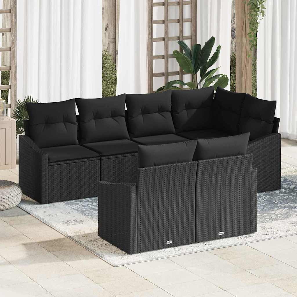 Set Divano da Giardino con cuscino 7 pcs Nero polyrattan