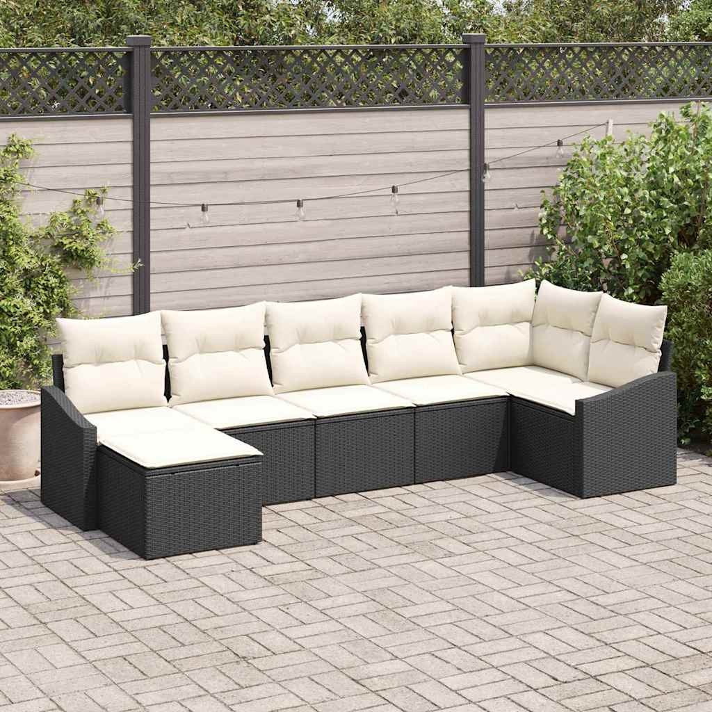 Set Divano da Giardino 7 pcs Nero e Crema polyrattan