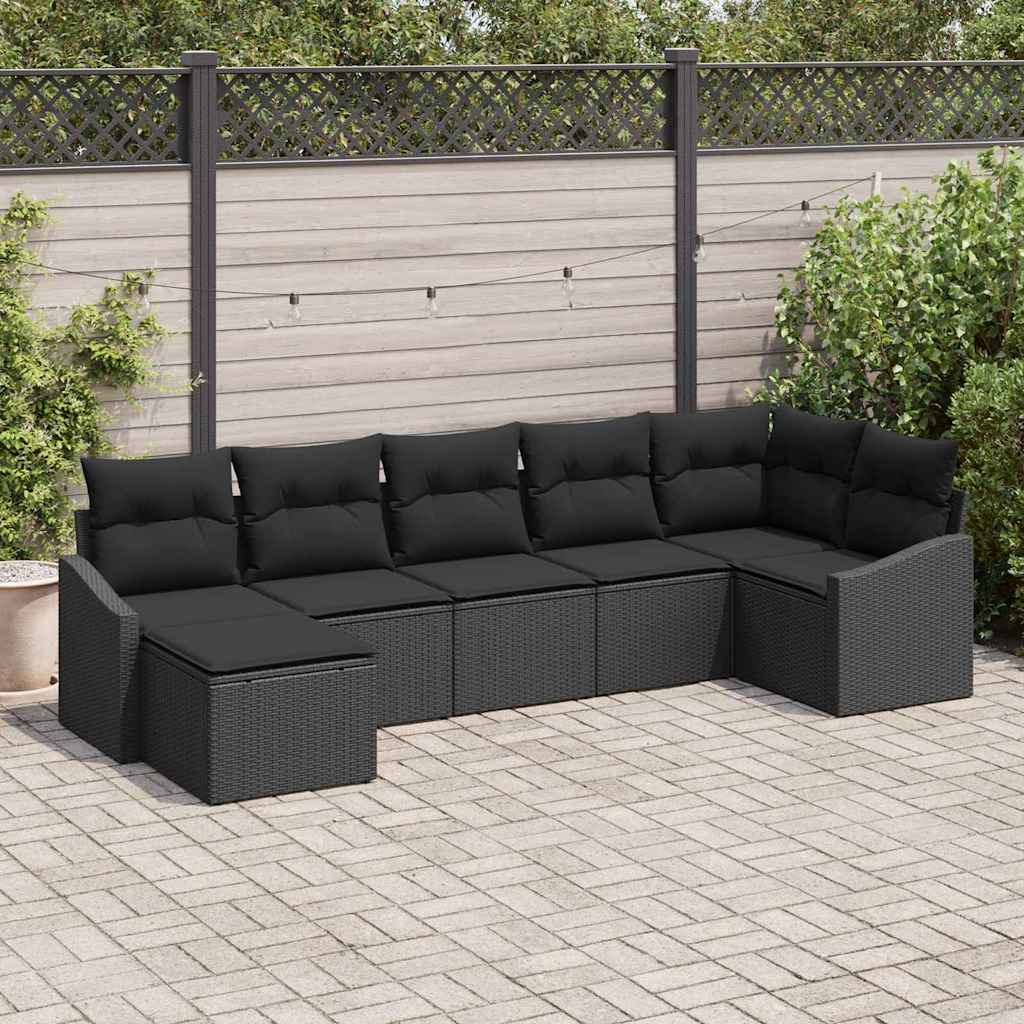 Set Divano da Giardino con cuscino 7 pcs Nero polyrattan