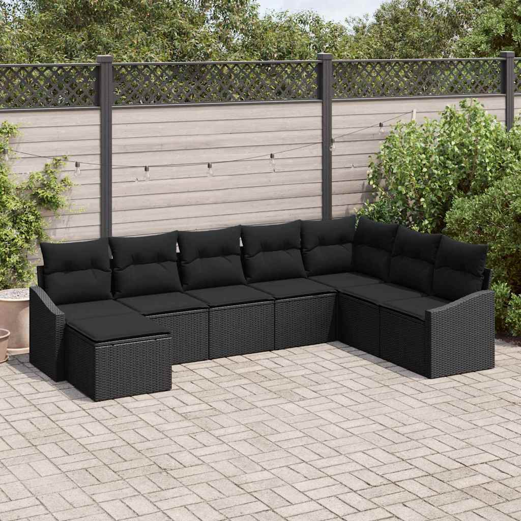 Set Divano da Giardino con cuscino 8 pcs Nero polyrattan