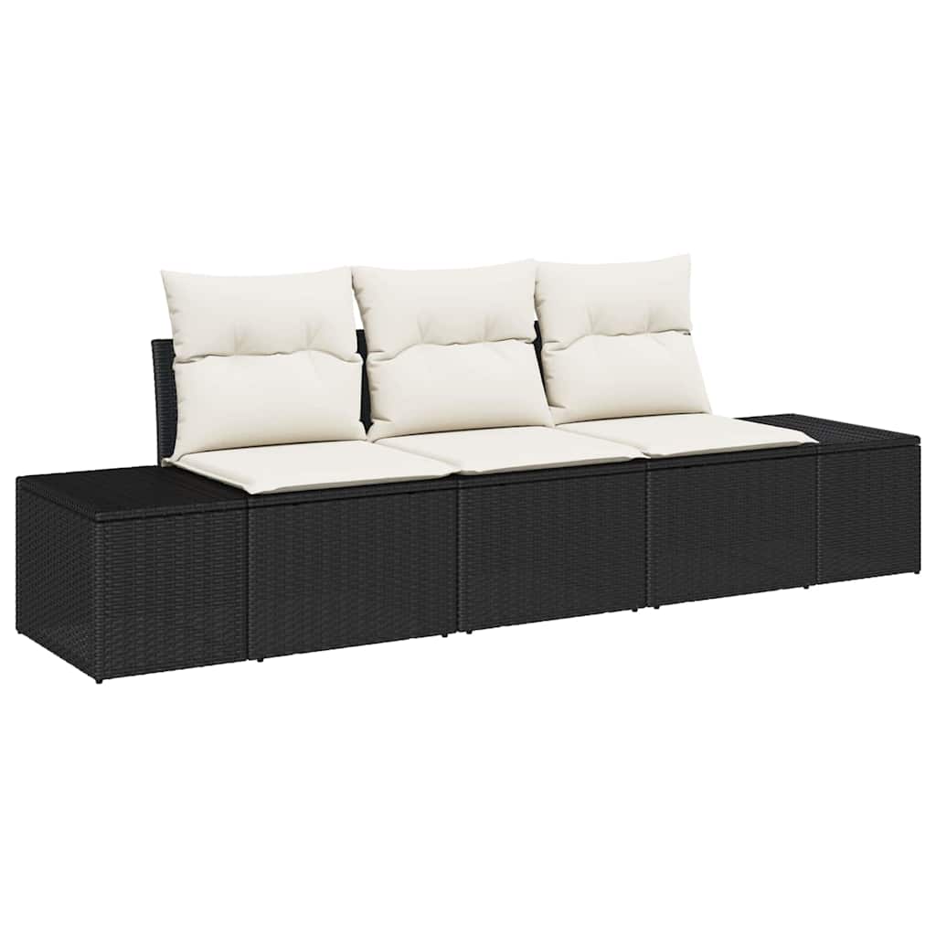 Set Divano da Giardino 3 pcs Nero e Crema polyrattan