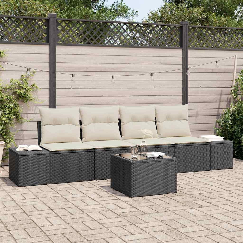 Set Divano da Giardino 5 pcs Nero e Crema polyrattan