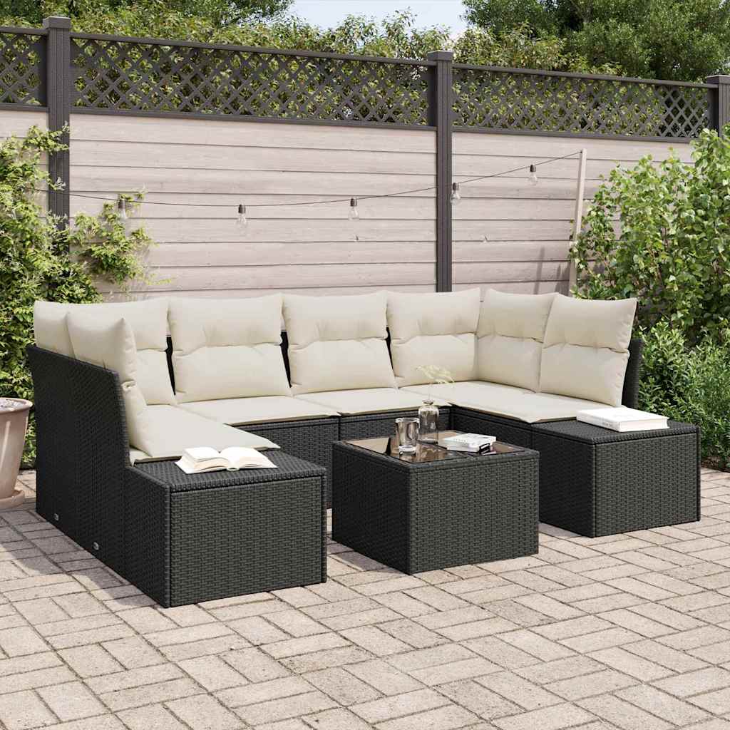 Set Divano da Giardino 8 pcs Nero e Crema polyrattan