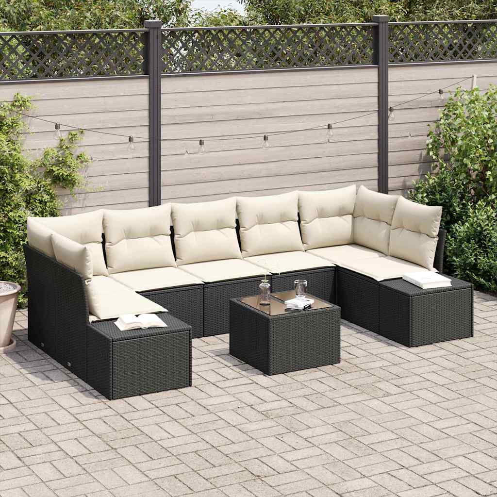Set Divano da Giardino 8 pcs Nero e Crema polyrattan