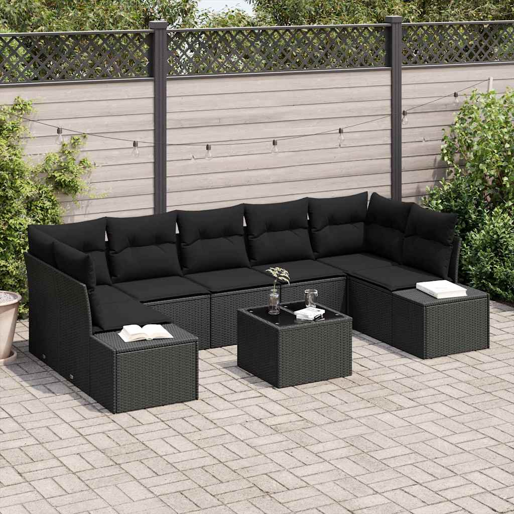 Set Divano da Giardino con cuscino 8 pcs Nero polyrattan