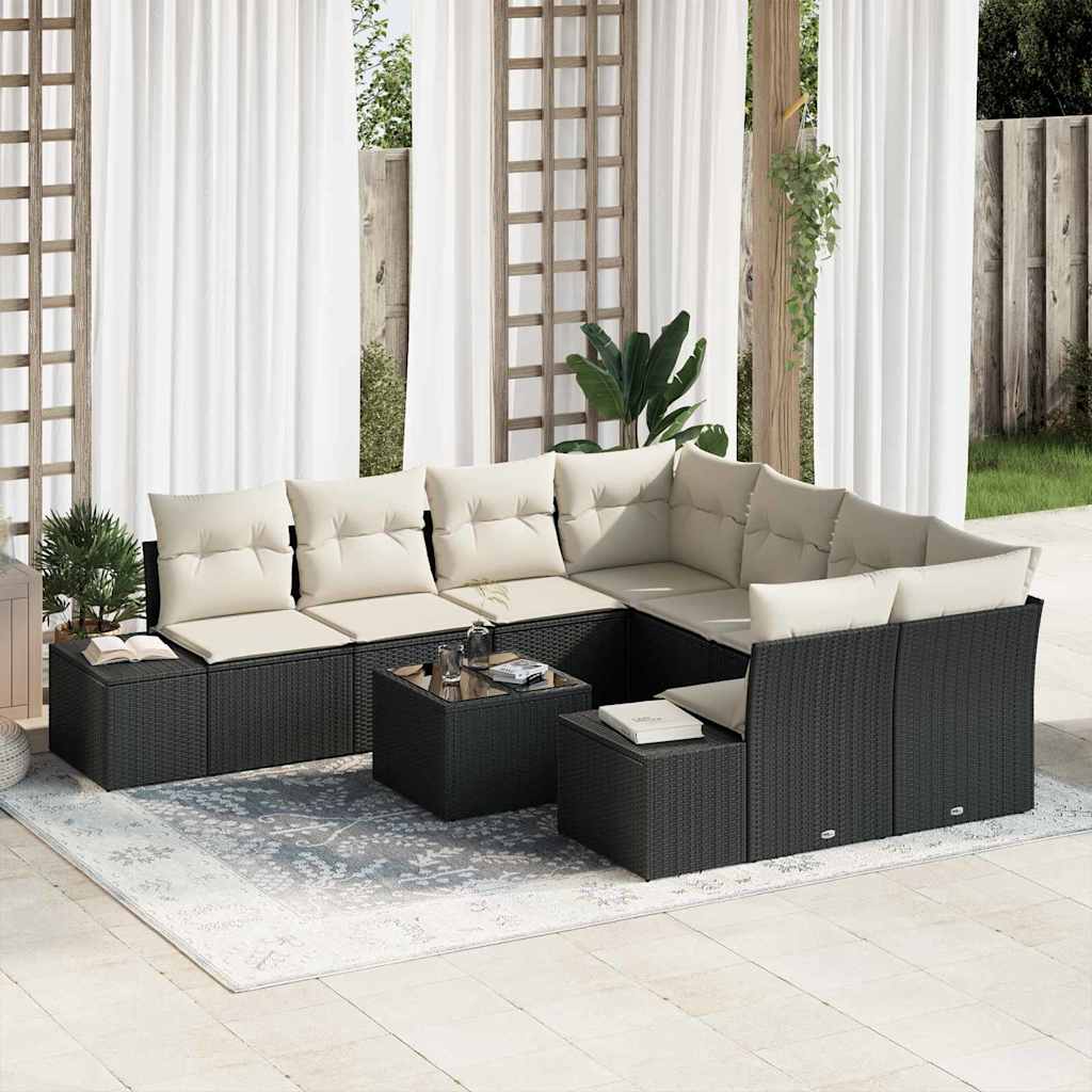 Set Divano da Giardino 9 pcs Nero e Crema polyrattan