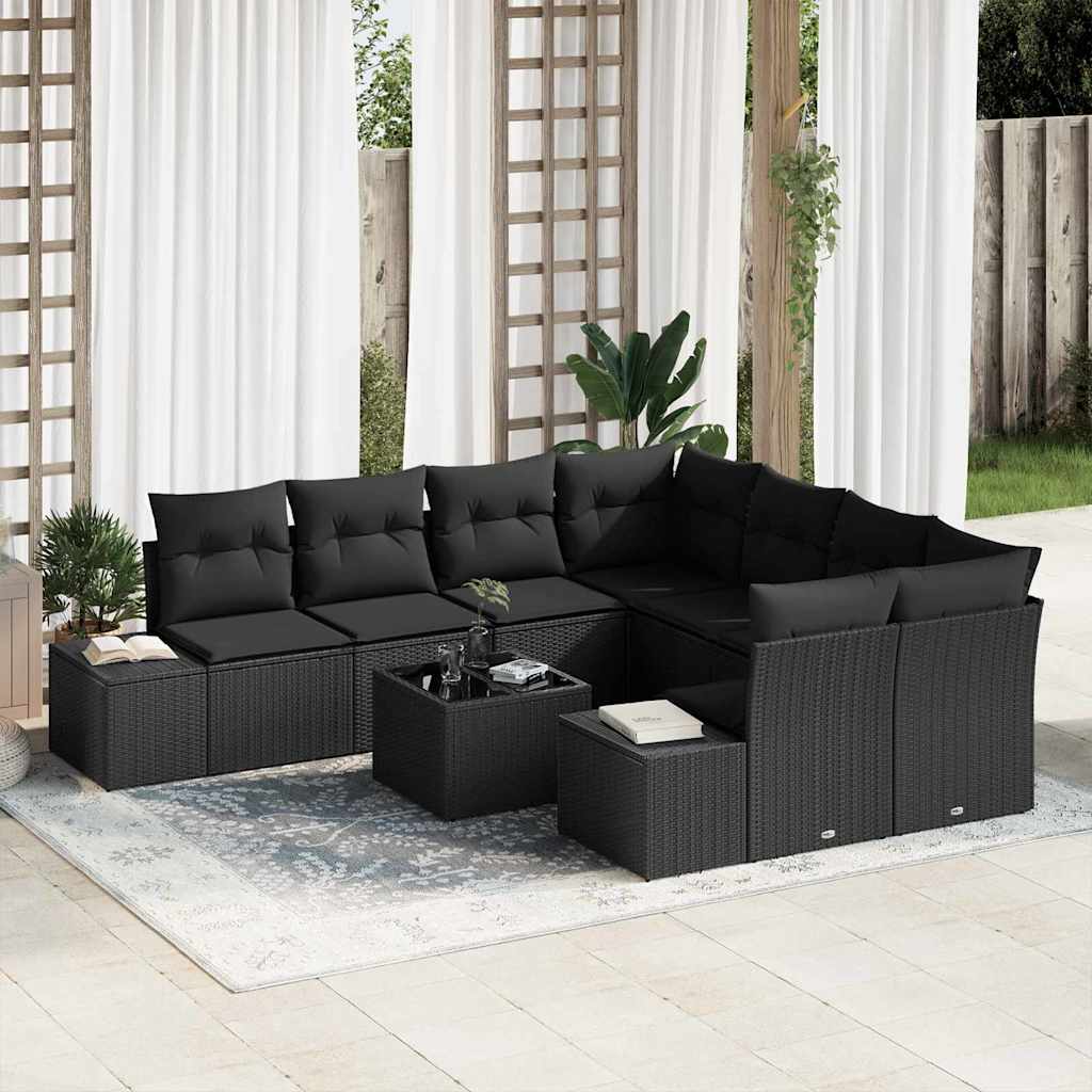 Set Divano da Giardino con cuscino 9 pcs Nero polyrattan