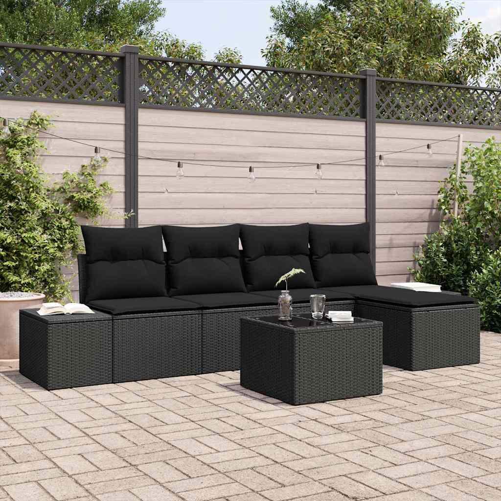 Set Divano da Giardino con cuscino 5 pcs Nero polyrattan