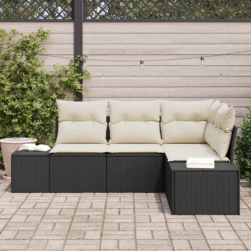 Set Divano da Giardino 4 pcs Nero e Crema polyrattan