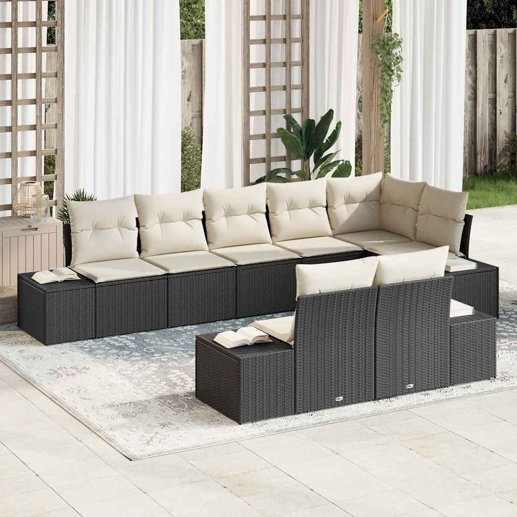 Set Divano da Giardino 8 pcs Nero e Crema Poly Rattan