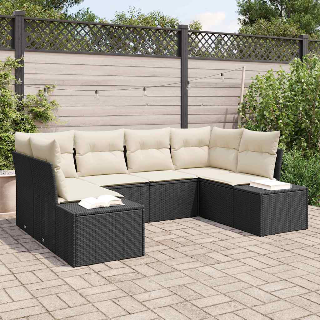 Set Divano da Giardino 6 pcs Nero e Crema Poly Rattan