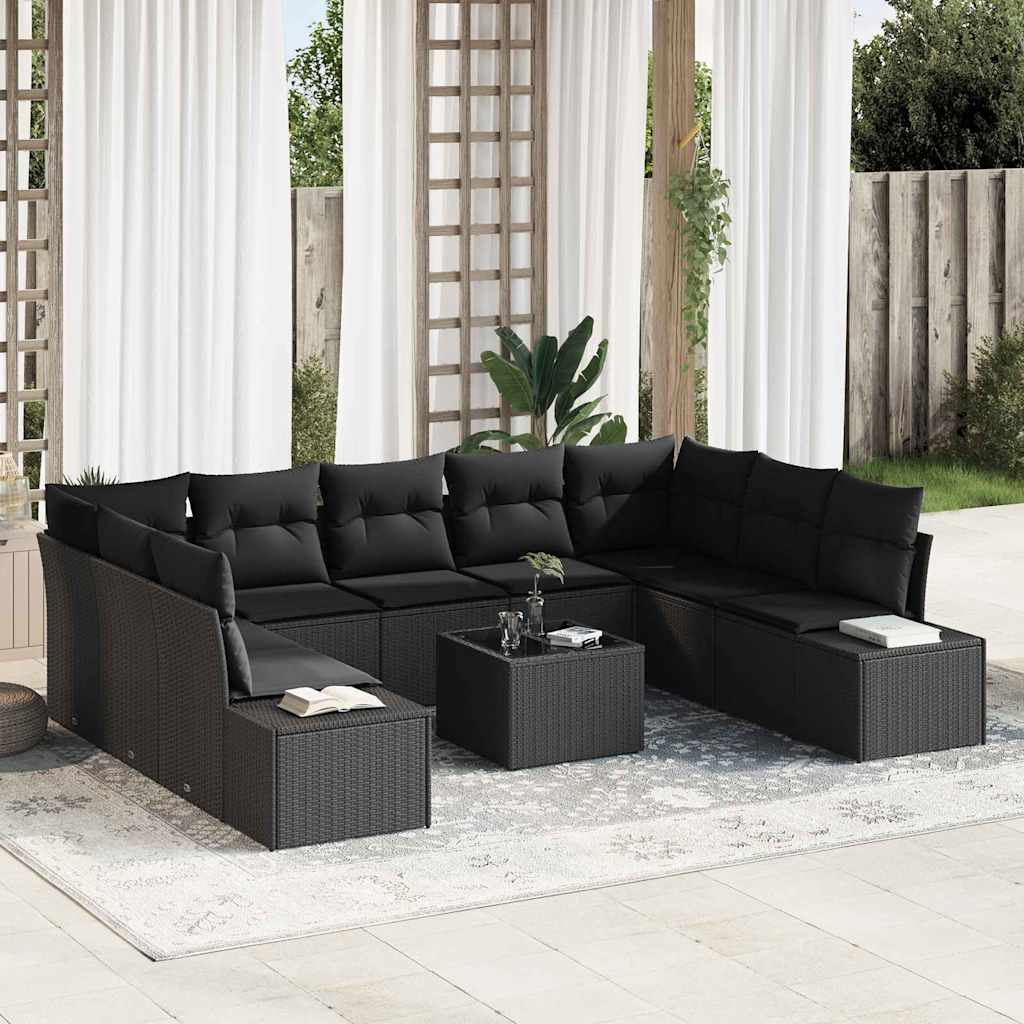 Set Divano da Giardino con cuscino 9 pcs Nero polyrattan