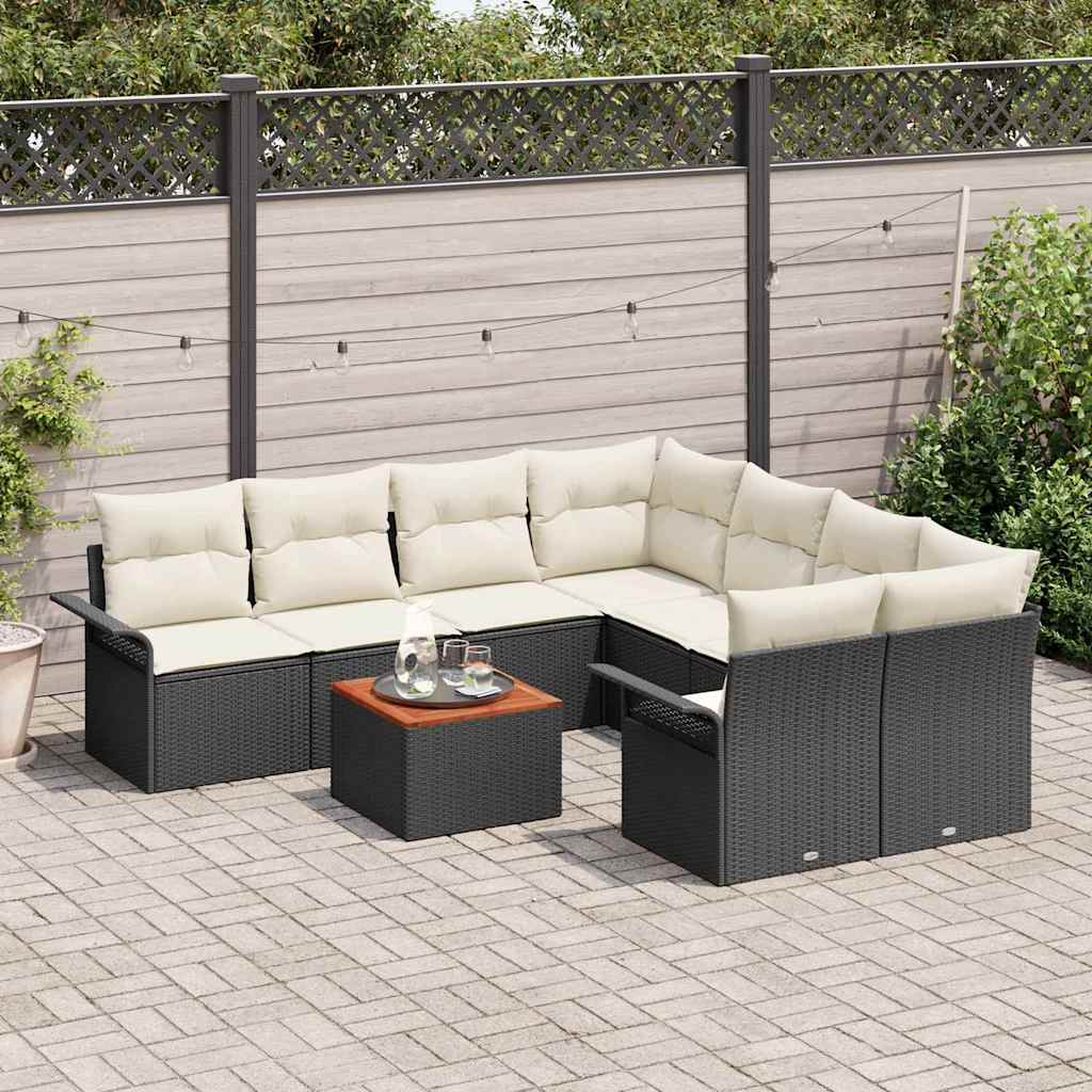Set Divano da Giardino 9 pcs Nero e Crema polyrattan