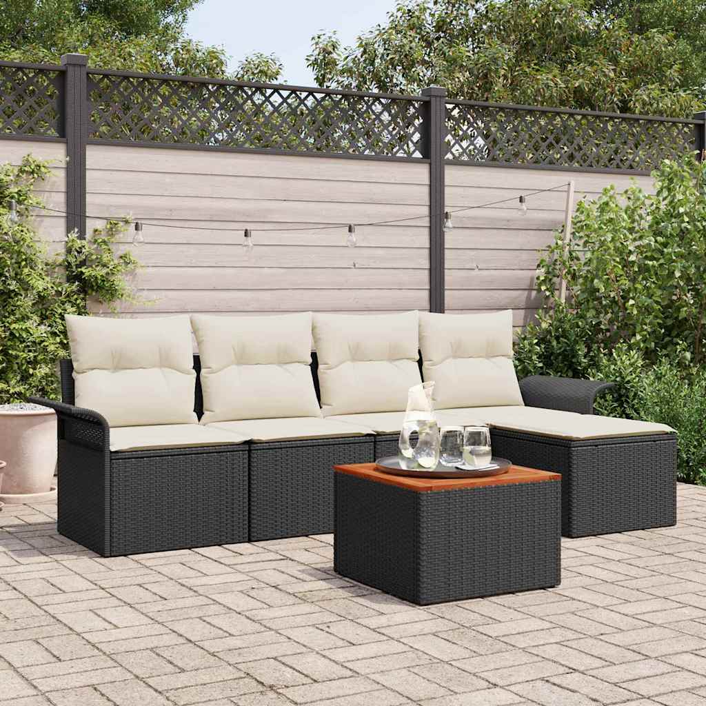 Set Divano da Giardino 6 pcs Nero e Crema polyrattan