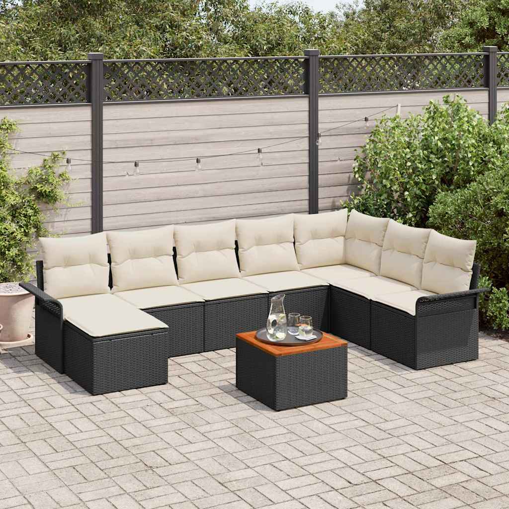 Set Divano da Giardino 9 pcs Nero e Crema polyrattan