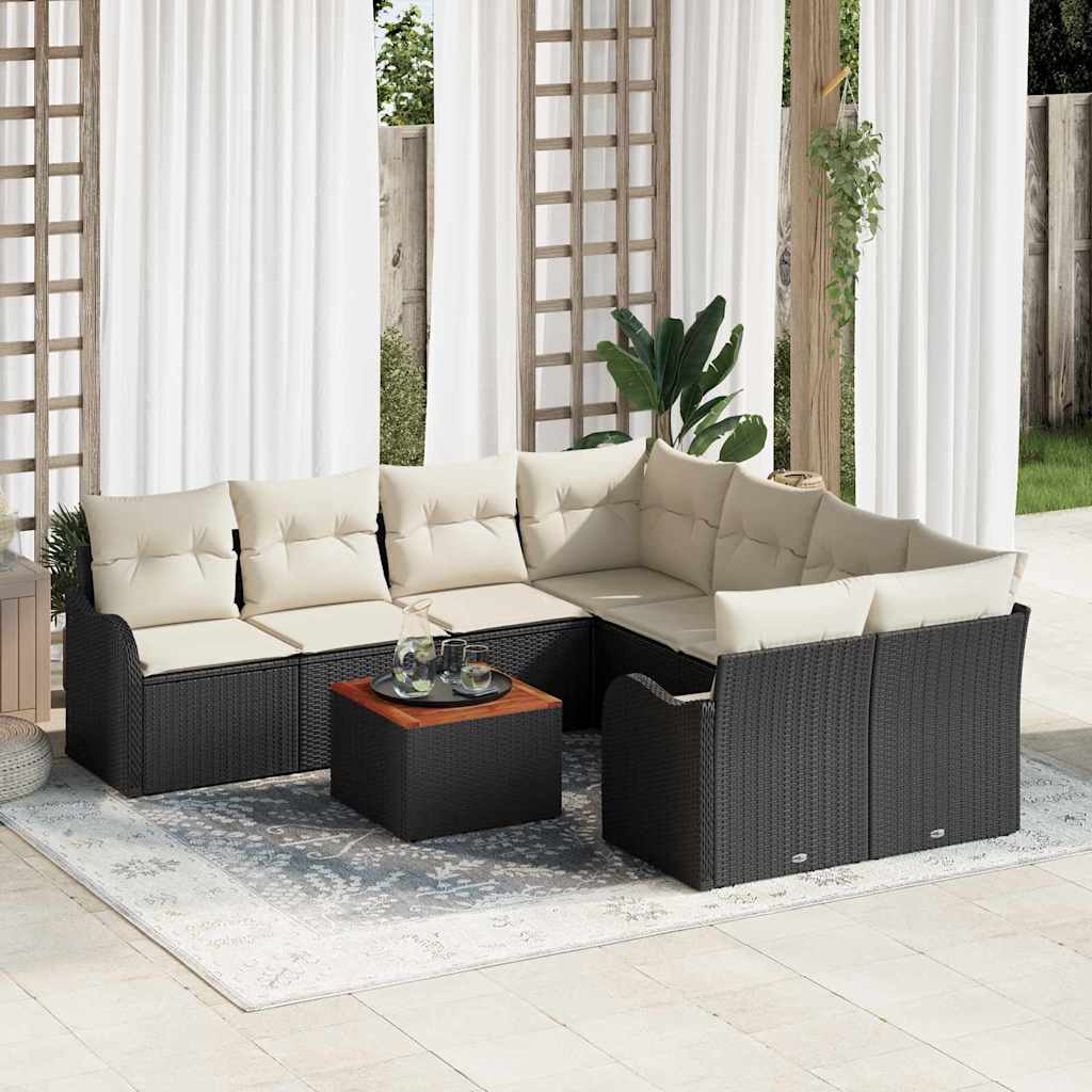 Set Divano da Giardino 9 pcs Nero e Crema polyrattan