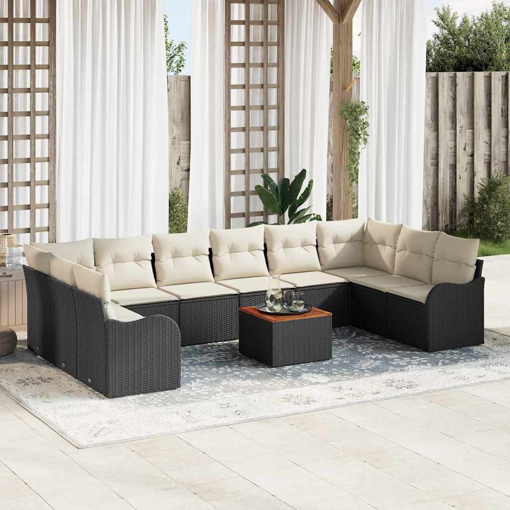 Set Divano da Giardino 11 pcs Nero e Crema polyrattan