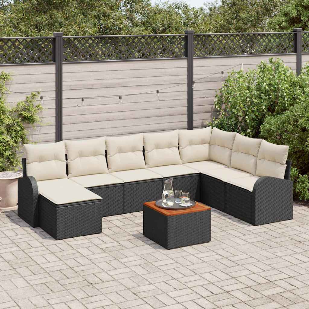 Set Divano da Giardino 9 pcs Nero e Crema polyrattan