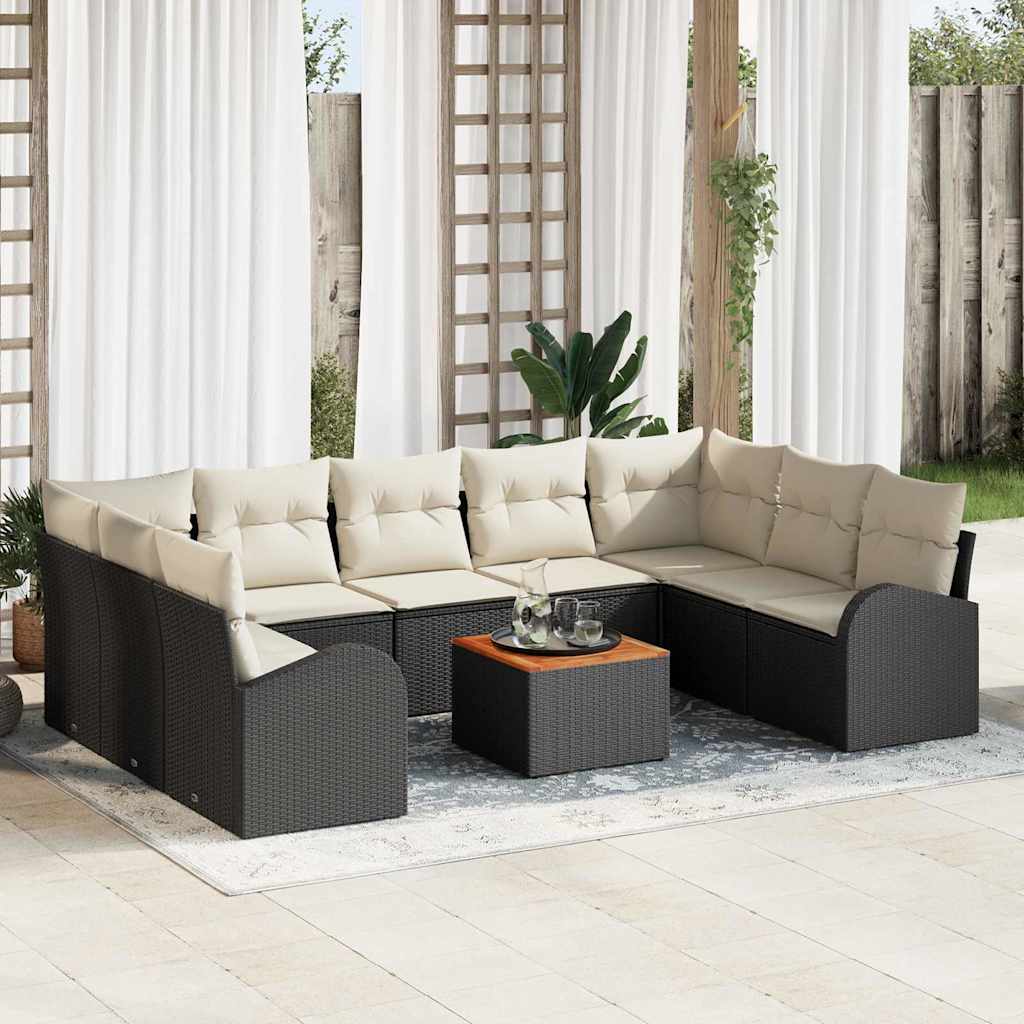Set Divano da Giardino 10 pcs Nero e Crema polyrattan