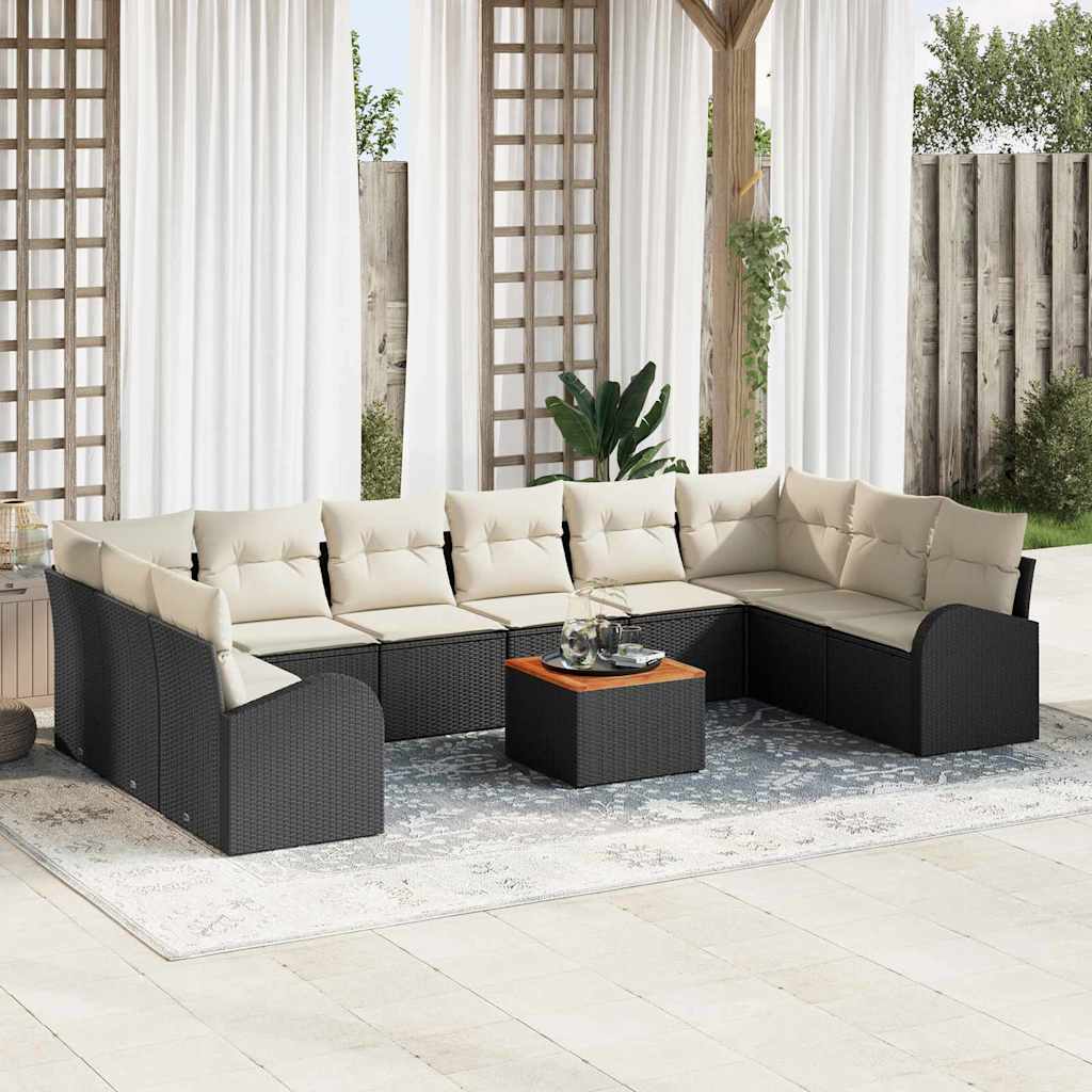 Set Divano da Giardino 11 pcs Nero e Crema polyrattan