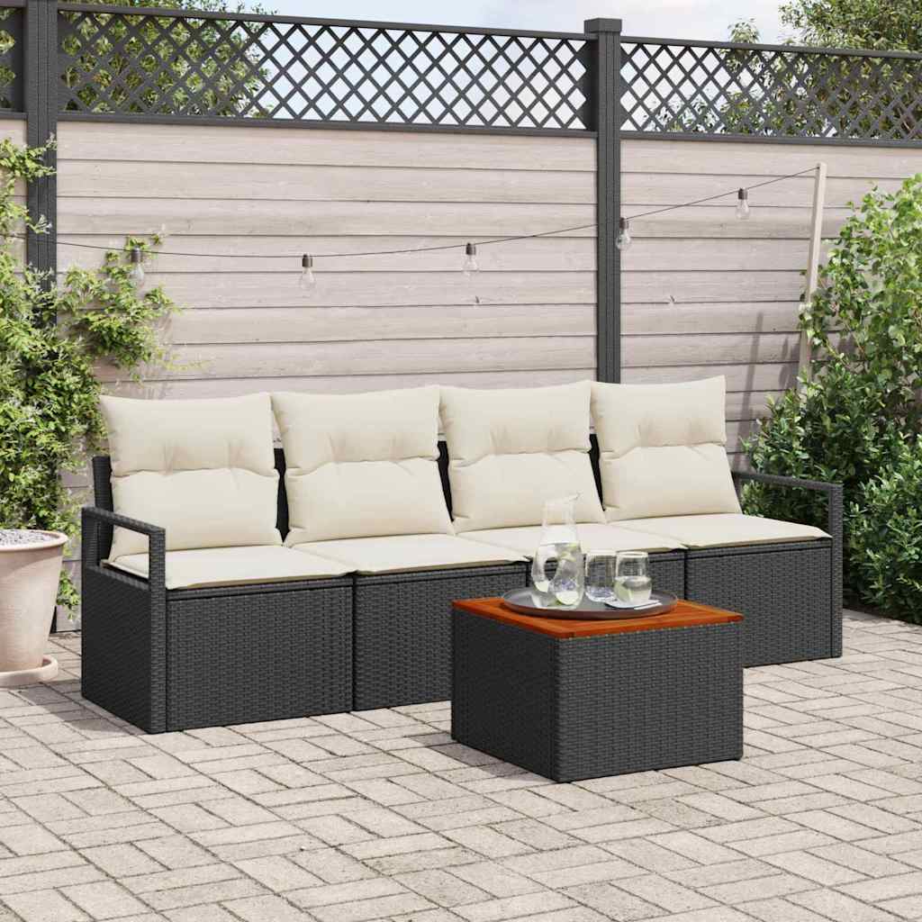 Set Divano da Giardino 5 pcs Nero e Crema polyrattan