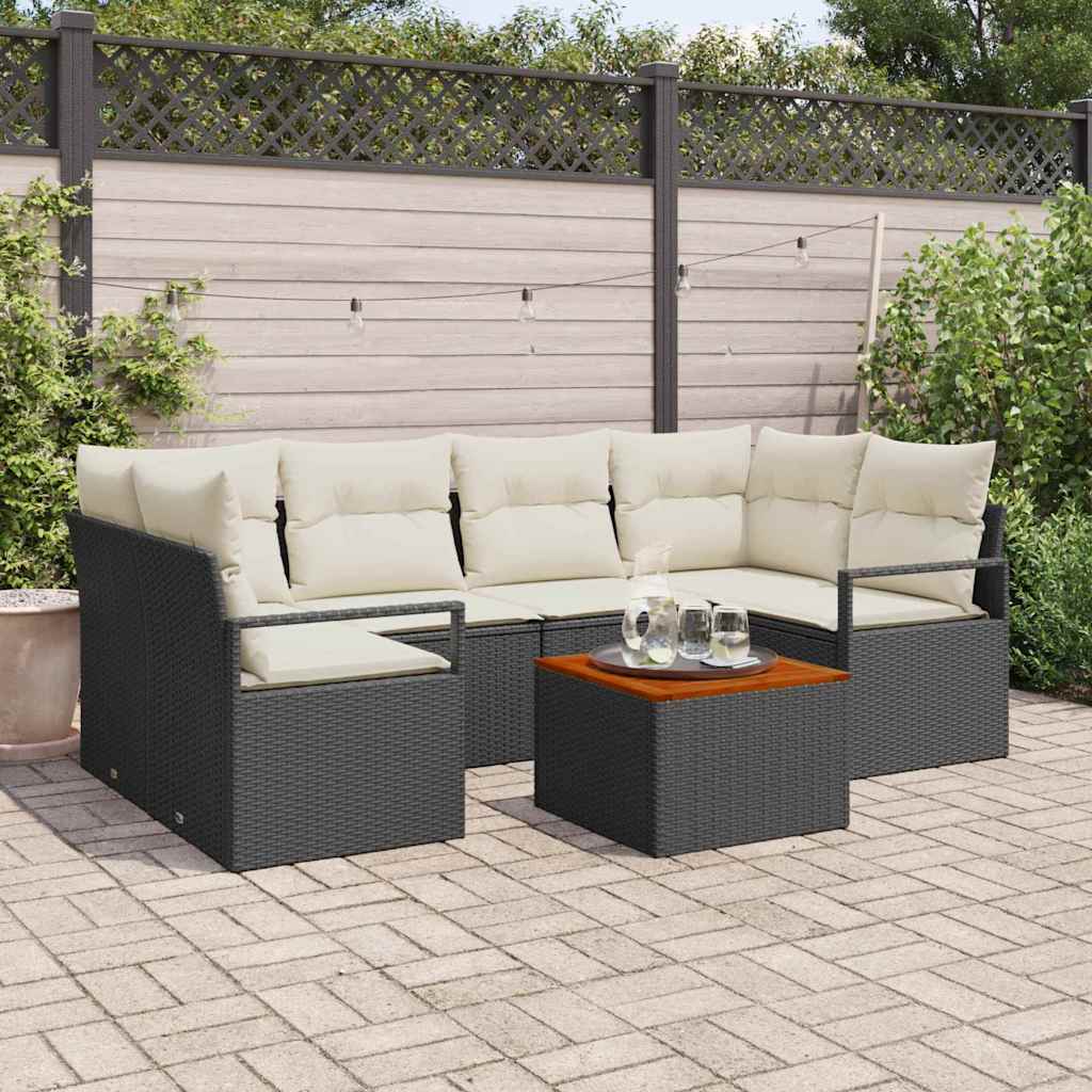 Set Divano da Giardino 7 pcs Nero e Crema polyrattan