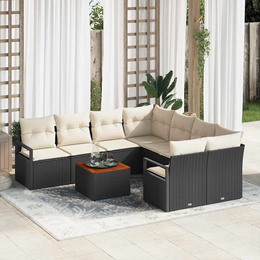 Set Divano da Giardino 9 pcs Nero e Crema polyrattan