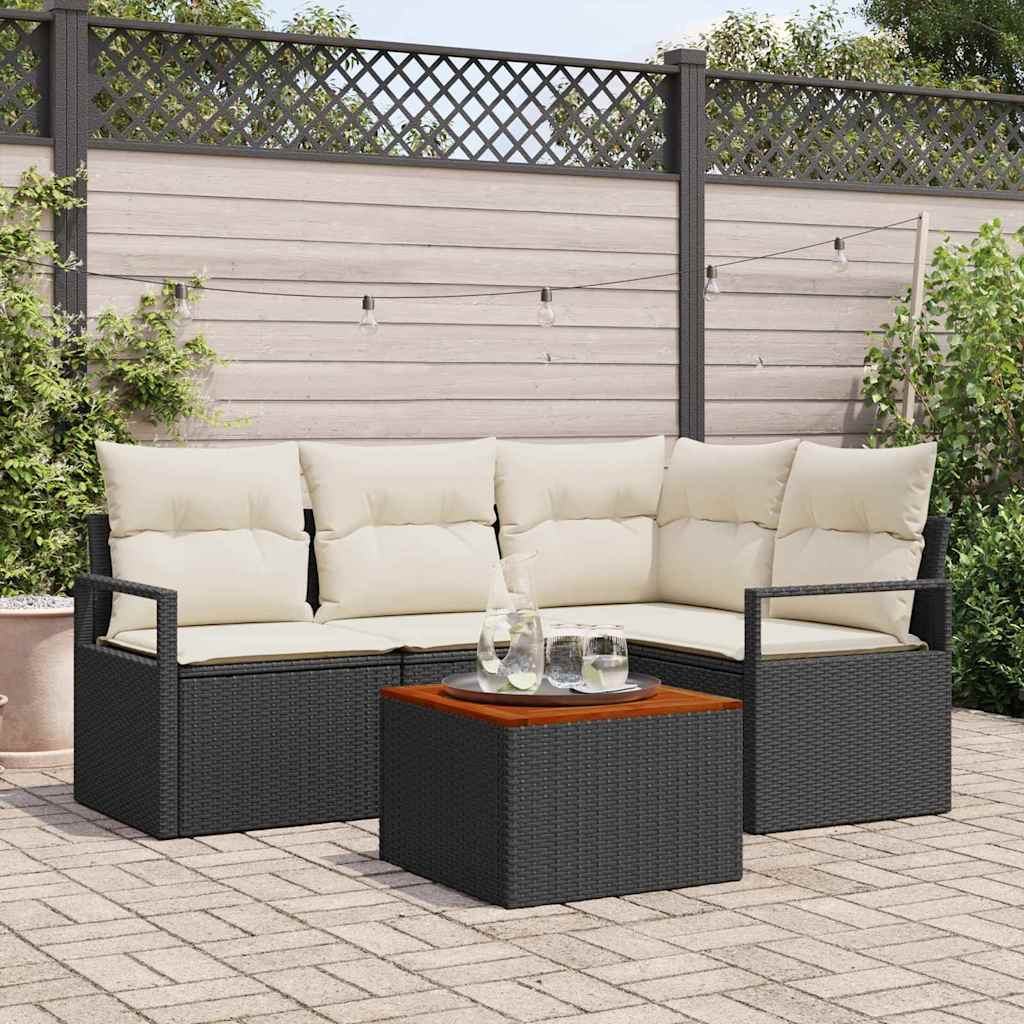 Set Divano da Giardino 5 pcs Nero e Crema polyrattan