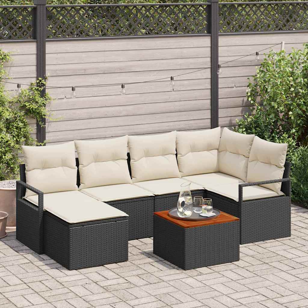Set Divano da Giardino 7 pcs Nero e Crema polyrattan