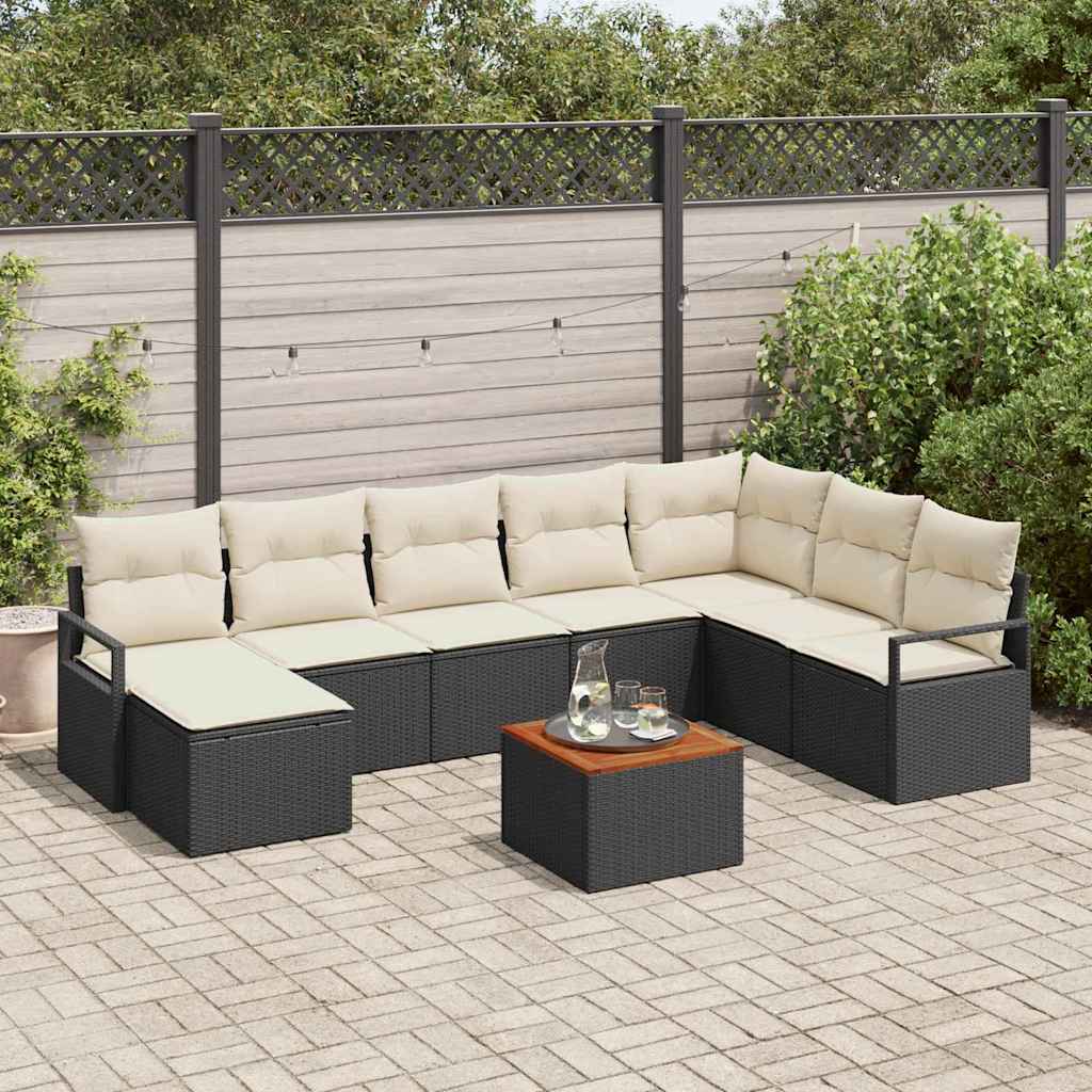 Set Divano da Giardino 9 pcs Nero e Crema polyrattan