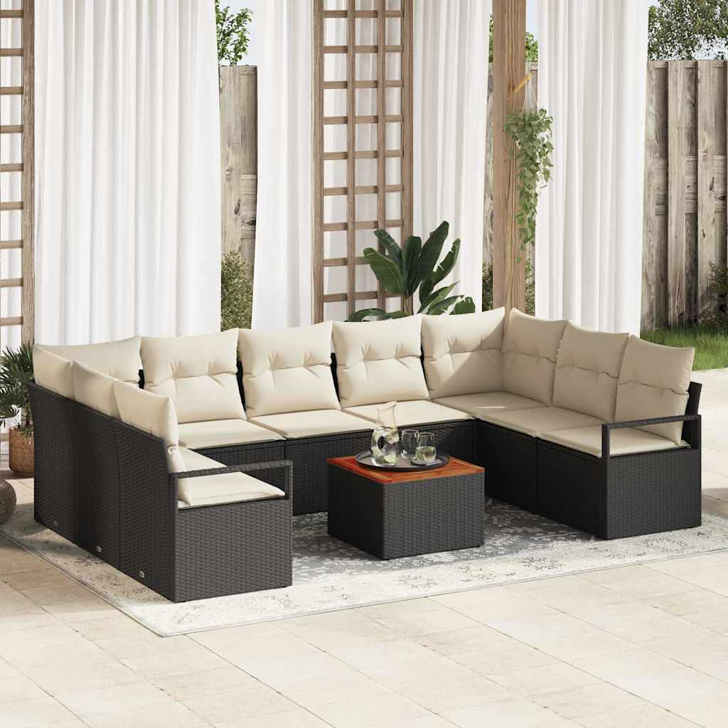Set Divano da Giardino 10 pcs Nero e Crema polyrattan