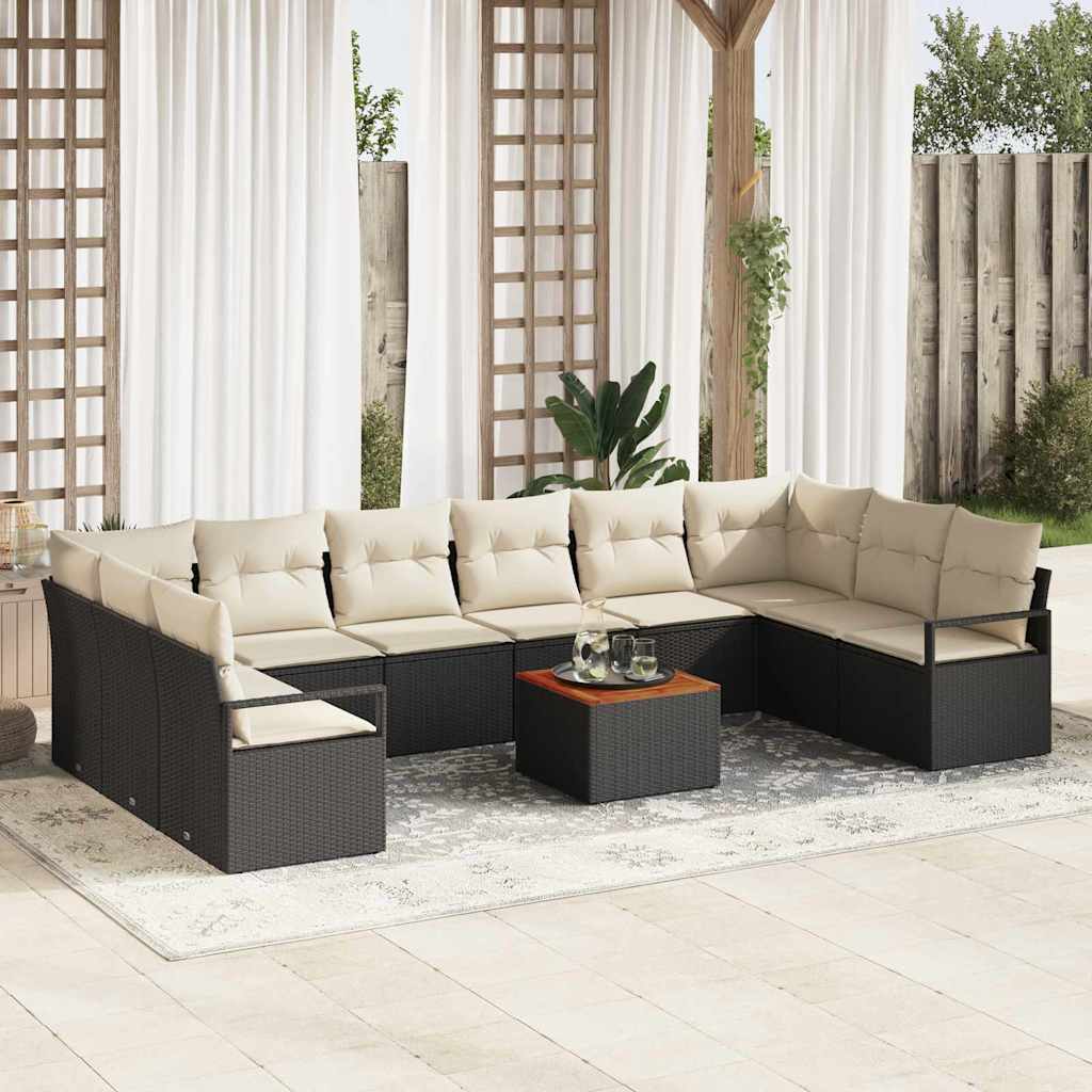 Set Divano da Giardino 11 pcs Nero e Crema polyrattan