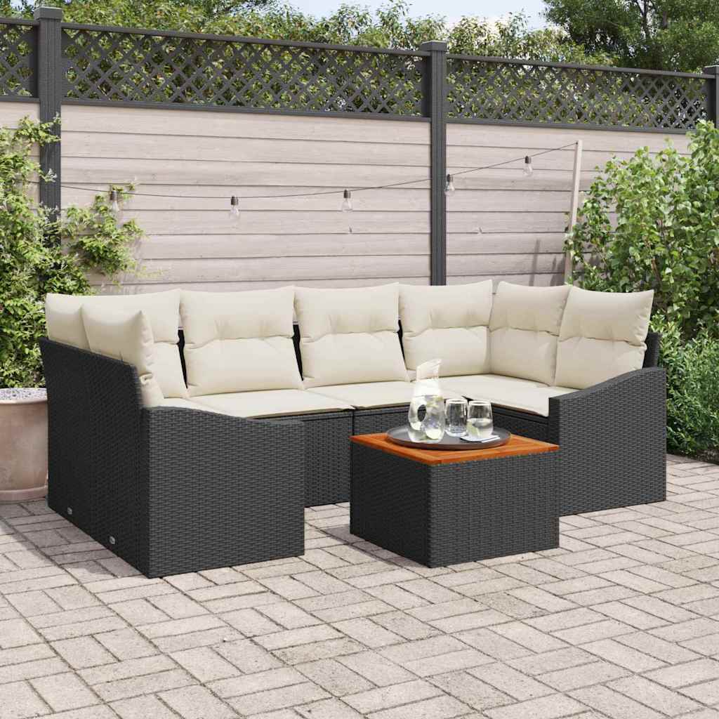 Set Divano da Giardino 7 pcs Nero e Crema polyrattan