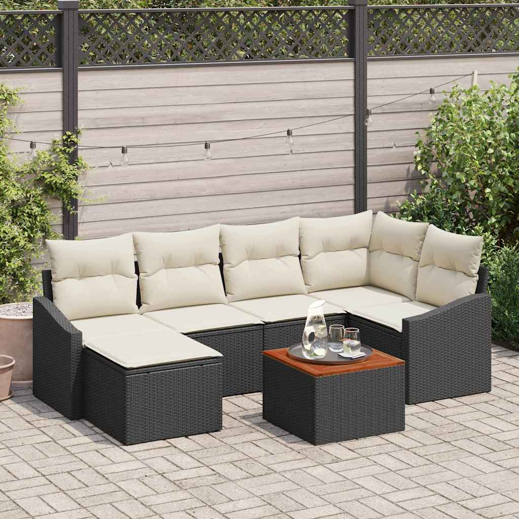 Set Divano da Giardino 7 pcs Nero e Crema polyrattan
