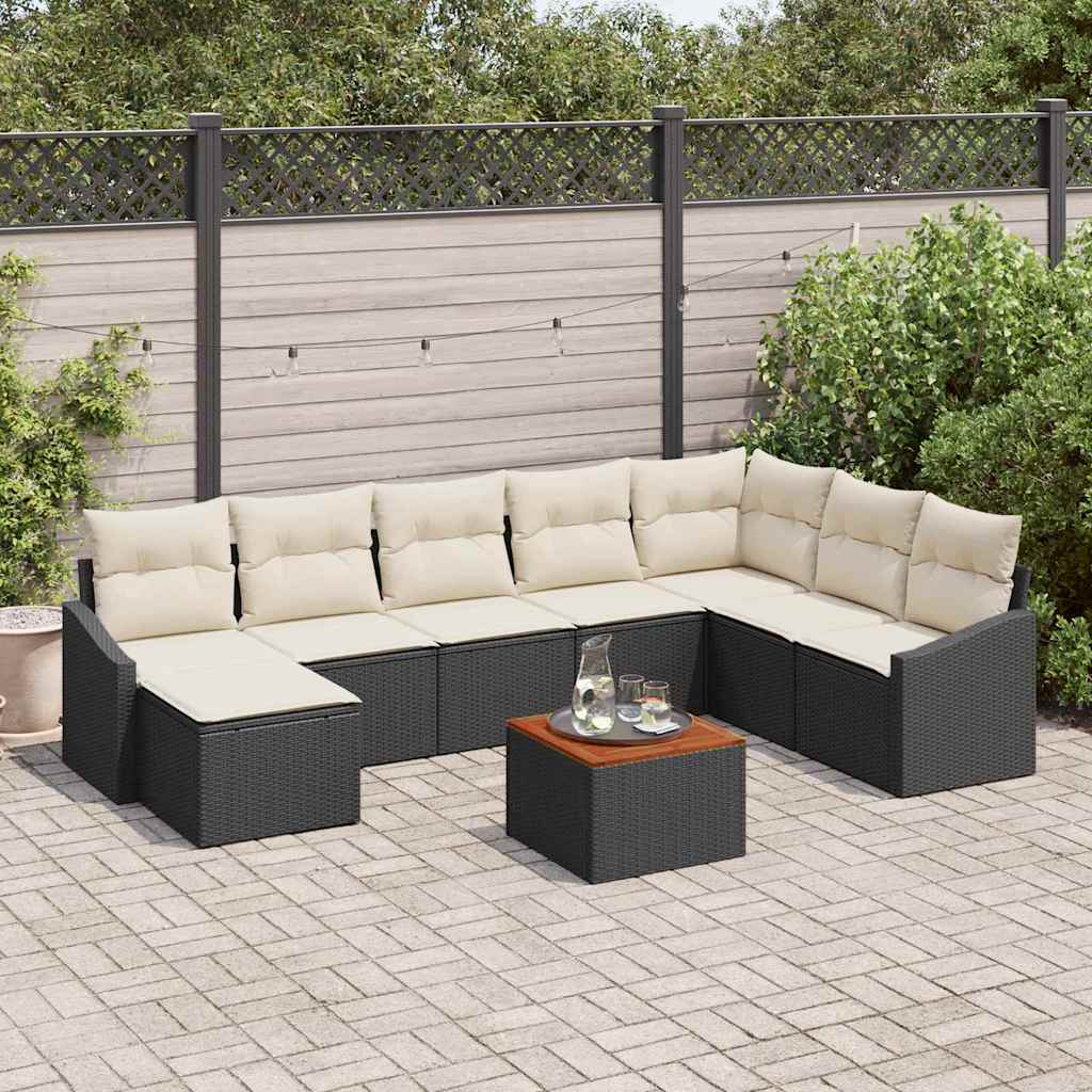 Set Divano da Giardino 9 pcs Nero e Crema polyrattan