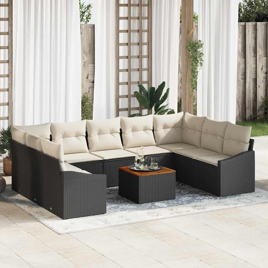 Set Divano da Giardino 10 pcs Nero e Crema polyrattan