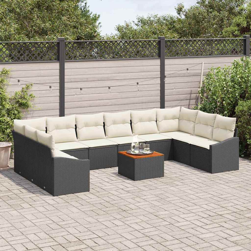 Set Divano da Giardino 11 pcs Nero e Crema polyrattan