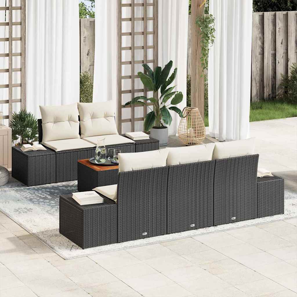 Set Divano da Giardino 6 pcs Nero e Crema polyrattan