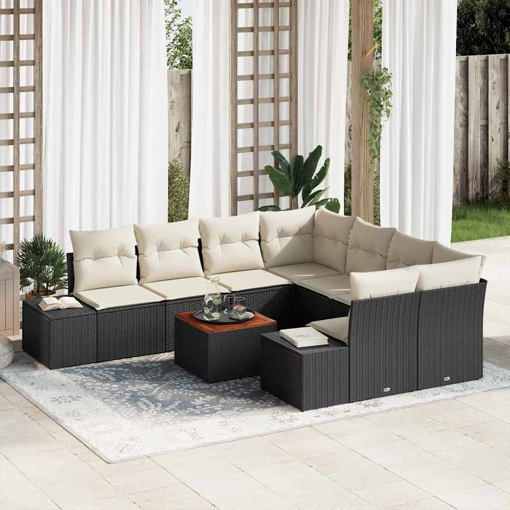 Set Divano da Giardino 9 pcs Nero e Crema polyrattan