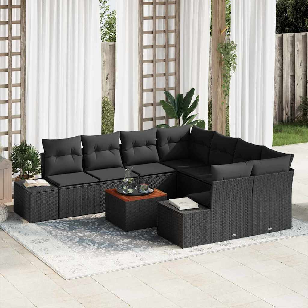 Set Divano da Giardino con archiviazione 9 pcs Nero polyrattan